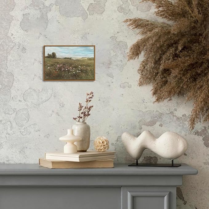 OIQArtOIQ Vintage Landscape Framed Wall Art Summer Countryside Wildflower Canvas Art Prints Farmhouse Cottagecore Pictures Wall Decor Rustic Meadow Paintings Artwork For Kitchen Bedroom Living Room