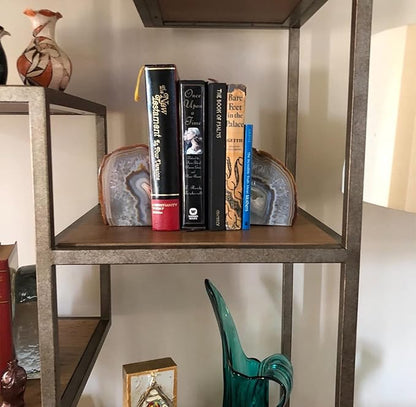 JIC Gem 1 Pair(4 to 6 Lbs) Natural Agate Bookends Decorative geode Book Ends for Heavy Books with Rubber Bumpers for Shelves and Office Decoration