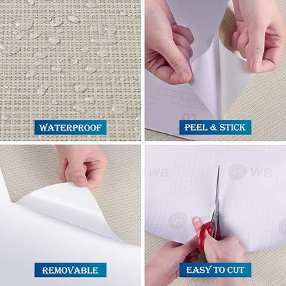 FunStick 24"x200" Thick Beige Peel and Stick Wallpaper for Bathroom Bedroom Walls Grasscloth Textured Wall Paper Roll Self Adhesive Vinyl Geometric Contact Paper for Cabinets Furniture Table Removable