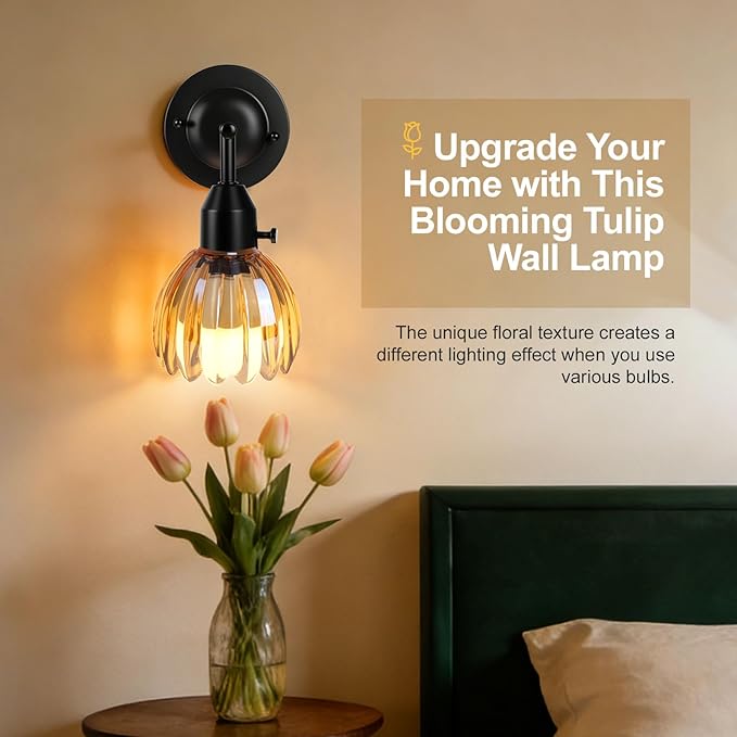 Vintage Black Wall Sconces Set of 2 with Cute Amber Tulip Glass Lampshade, Hardwired and Wireless Wall Mounted Light Fixtures (2 Usage Methods) with Switch for Bedside Bedroom Living Room Wall Decor