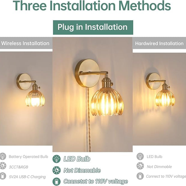 Plug in Wall Sconce, Amber Tulip Glass Lampshade Wall Light Plugin Corded for Bedside Bedroom Doorway, 2 Pack