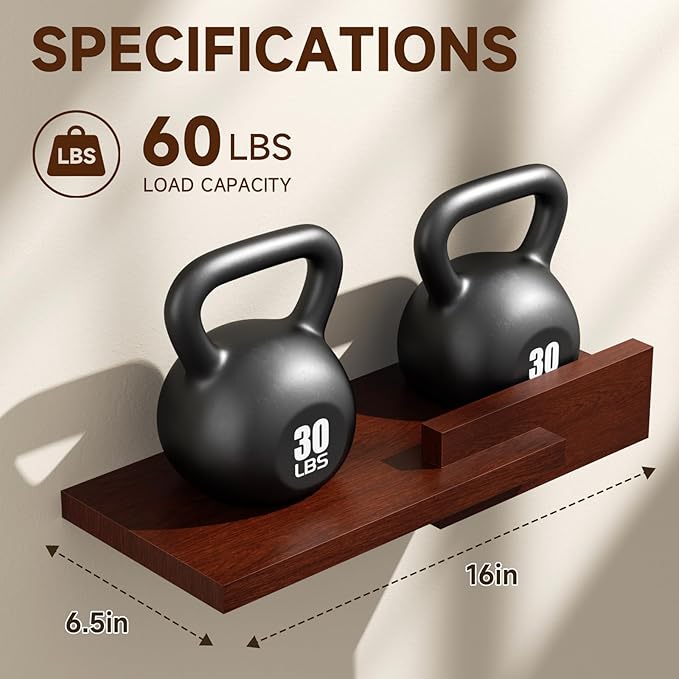 Floating Shelves for Wall, Set of 2 Rustic Wood 16 Inches Wall Mounted Shelves for Bathroom，Bedroom, Living Room &Kitchen, Heavy Duty Display Picture Ledge Shelf for Home Decor Storage Brown