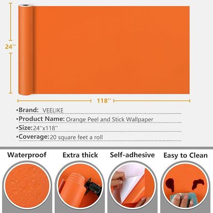 VEELIKE Thick Orange Wallpaper Peel and Stick Mandarin Orange Contact Paper for Countertops Cabinets Accent Walls 24''x118'' Self Adhesive Removable Solid Color Vinyl Wallpaper for Bedroom Living Room