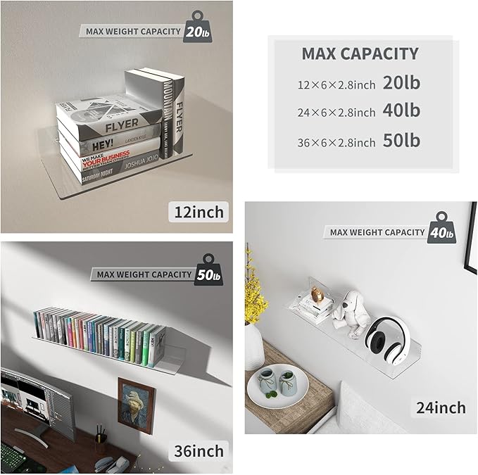 Acrylic Wall Shelves 36 24 12 Inches, Clear Floating Shelf for Wall, Wall Mounted Display Shelves for Plants, Radio, Funko Pop, Stuffed Animal, Books, Clock, Cosmetics, Toiletries