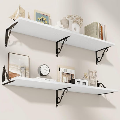 RICHFOCUS 12 Inch Deep Floating Shelves for Wall, 48" W x 12" D Wood Wall Shelves Set of 2, Wide Floating Shelves for Living Room, Bedroom, Kitchen, Bathroom and Decor Storage, White