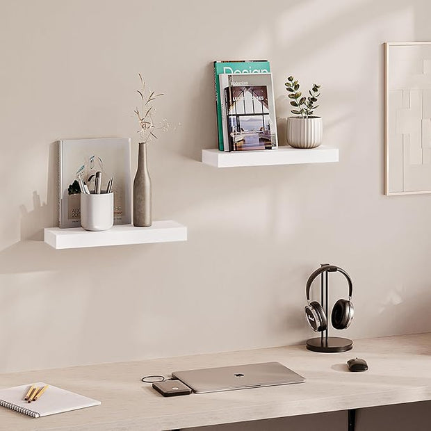 Ballucci Floating Shelves, 2-Pack 16" Wood Wall Shelf Set with Invisible Brackets for Bathroom, Living Room, Bedroom, Kitchen, Nursery, 6" Deep, White