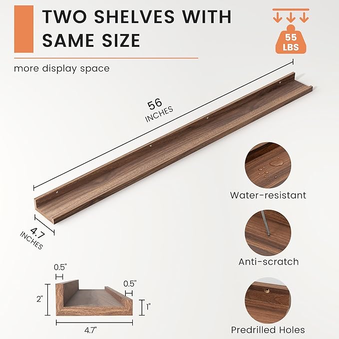 Picture Ledge Shelf, Floating Shelves Set of 2, 56 Inches Long Large Nursery Book Shelves for Toys Storage, Kids Bookshelf Wall Mounted for Living Room Bedroom Decor Books Photo Frames, Walnut