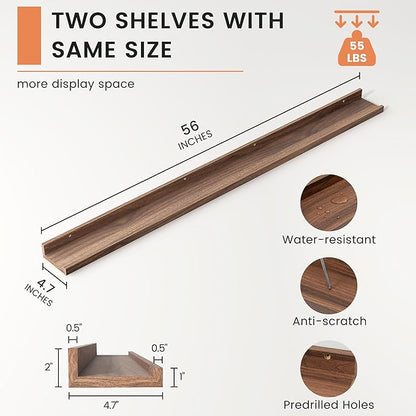 Picture Ledge Shelf, Floating Shelves Set of 2, 56 Inches Long Large Nursery Book Shelves for Toys Storage, Kids Bookshelf Wall Mounted for Living Room Bedroom Decor Books Photo Frames, Walnut