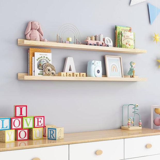 Picture Ledge Shelf, Floating Shelves Set of 2, Solid Ash Wood 48'' Long Large Nursery Book Shelves for Toys Storage, Kids Bookshelf for Living Room Bedroom Decor Books Photo Frames, Natural