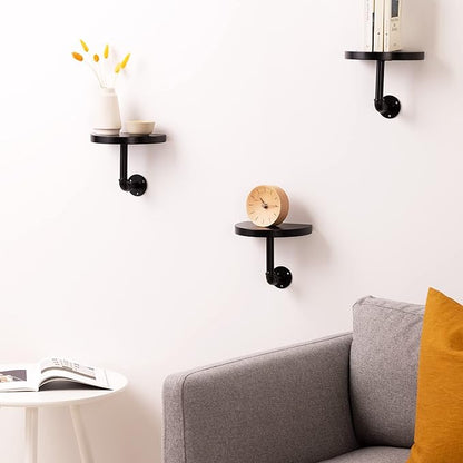 Navaris Industrial Pipe Shelf Set - 3 Small Rounded Wood Shelves with Shelf Brackets - 7.9" x 5.9" Wall-Mounted Wooden Shelving - Size S, Black