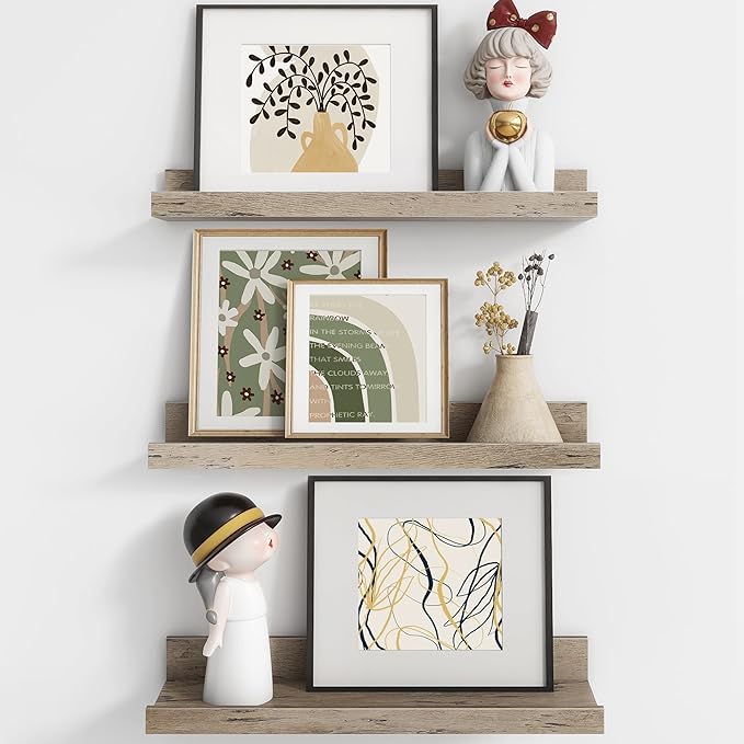 Axeman Picture Ledge Shelf | 16 Inch Grey Floating Shelves Set of 3 | Rustic Grey Wood Wall Shelves with Lip | 16