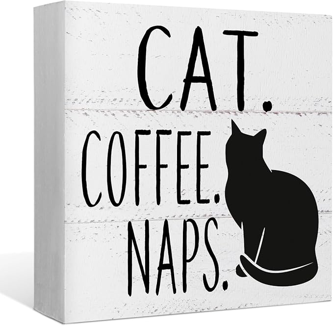 Cat & Coffee Nap Desk Sign, Rustic Wooden Block Decor for Home, Kitchen, Office - Funny Black Cat Theme