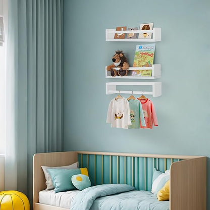 Floating Book Shelves for Wall, 16.5 inch Natural Wood Nursery Shelves for Book, Solid Pine Wooden Floating Bookshelf for Bedroom Living Room, Set of 3, White