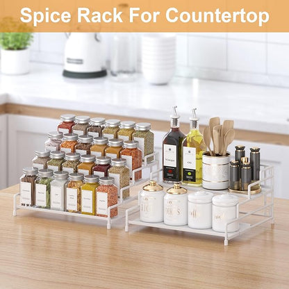 4-Tier-Spice-Rack-Organizer-for-Cabinet, Adjustable Depth Spice Holder Shelf For Countertop Pantry Cupboard, Metal Tiered Seasoning Organizer,Display Shelf Riser (White-2 Pack)