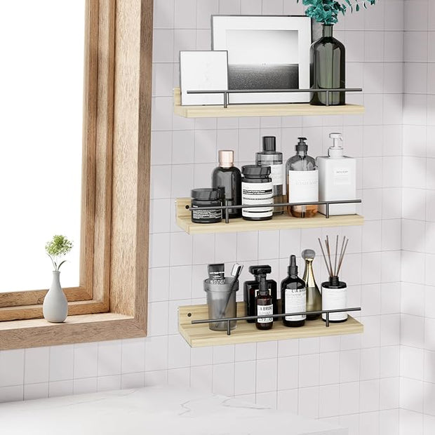 Floating Shelves with Metal Guardrail, Wall Decor Shelves for Bathroom, Living Room and Bedroom, (Black-Natural) Shelves for Home Decor