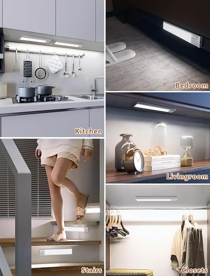 Under Cabinet Motion Sensor Lighting: 8 Inch Dimmable Rechargeable Lights Indoor - Battery Operated Lights - Undercabinet Closet Light Magnetic Led Light for Kitchen Home Bathroom Counter 4 Pack