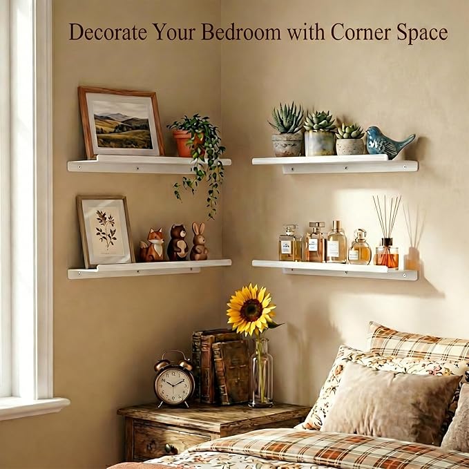 SRIWATANA White Metal Wall Shelves, 2 Set Floating Shelves for Bedroom, Living Room, Bathroom, Kitchen - Matte White