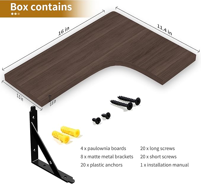 Corner Floating Shelves Wall Mounted Set of 4, Rustic Wood Storage Display Wall Shelves for Home Decor, Bathroom, Kitchen, Bedroom, Living Room, Office (Brown)