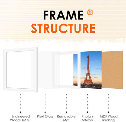 FIXSMITH 12x12 Picture Frame White Set of 4, Photo Frame with HD Plexiglass, Display Pictures 8x8 with Mat or 11x17 Without Mat, White Picture Frames Collage Wall Decor, Gallary Wall Frame