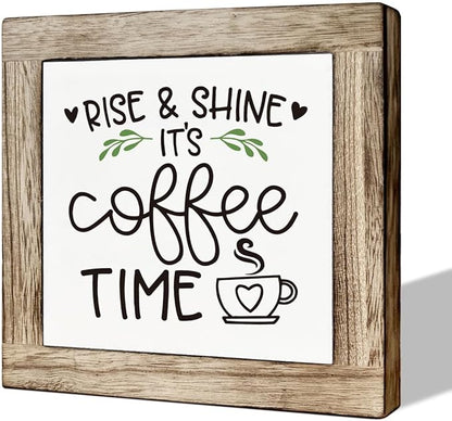 Rise & Shine Coffee Decor Set - Rustic Wooden Table Sign, Farmhouse Style, Coffee Station Decor