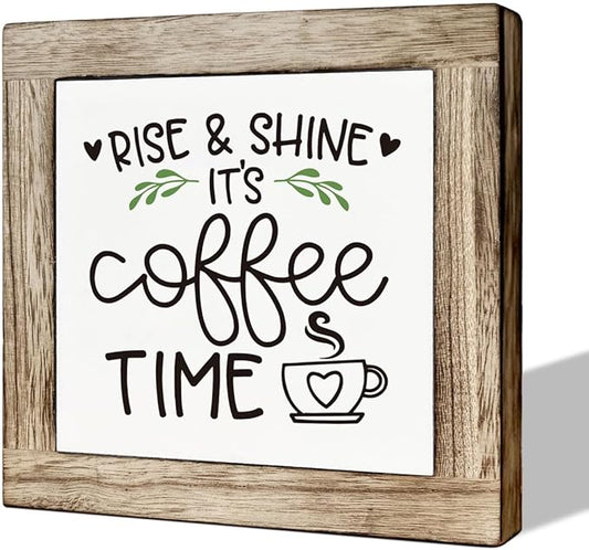 Rise & Shine Coffee Decor Set - Rustic Wooden Table Sign, Farmhouse Style, Coffee Station Decor