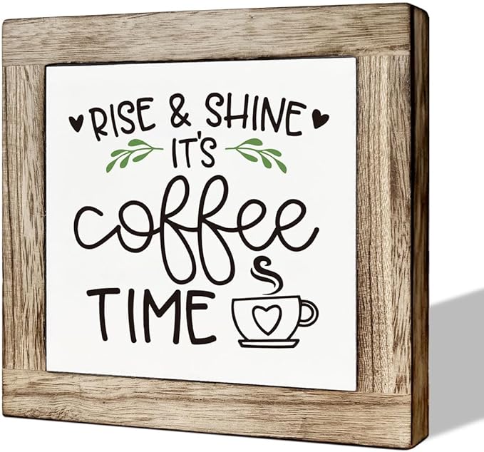 Rise & Shine Coffee Decor Set - Rustic Wooden Table Sign, Farmhouse Style, Coffee Station Decor