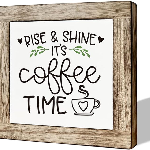 Rise & Shine Coffee Decor Set - Rustic Wooden Table Sign, Farmhouse Style, Coffee Station Decor