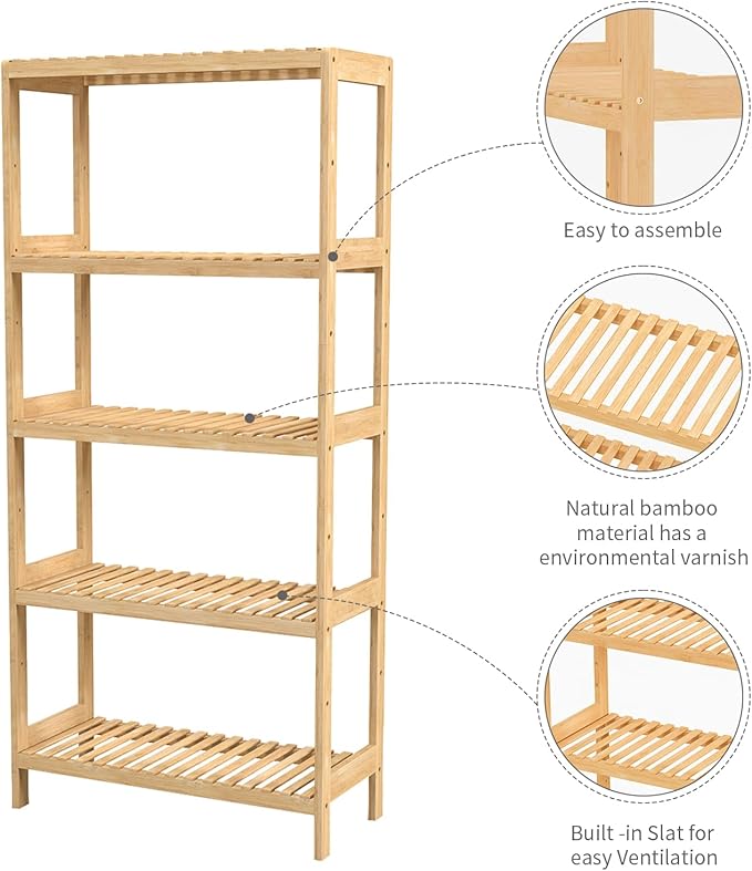 Bamboo Shelf,Bamboo Shelf Stand Utility Storage Shelf Multifunctional Bathroom Kitchen Living Room Holder Plant Flower Stand (5-Tier)