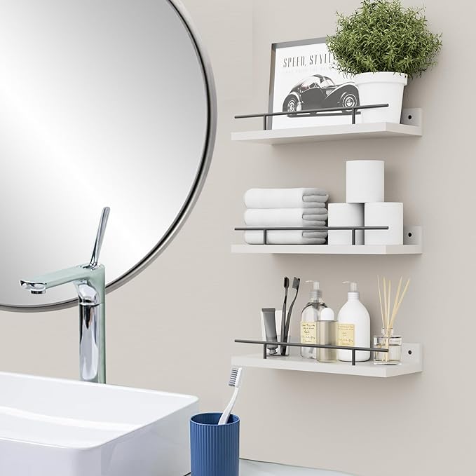 Floating Shelves with Metal Guardrail, Wall Decor Shelves for Bathroom, Living Room and Bedroom, (Black-White) Shelves for Home Decor