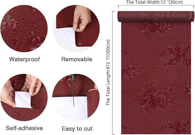 CHIHUT Thicken Embossed Floral Wallpaper Stick and Peel 12”x472” Dark Red Flower Contact Paper Self Adhesive Textured Floral Wall Paper for Bedroom Decorative Vinyl Roll for Cabinets Countertops