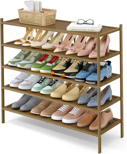 Smiry Bamboo Long Shoe Rack, 5 Tier Shoe Organizer for Entryway & Closet, Stackable Free Standing Storage Shelf for Shoes, Bags & Plants, Walnut