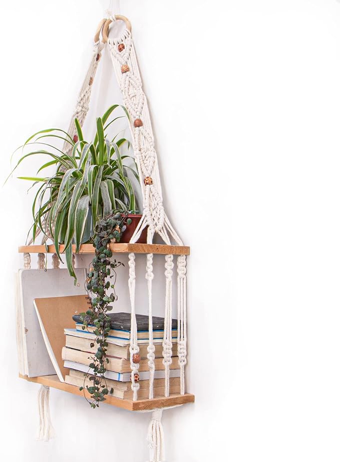 Boho Wall Hanging Shelves Macrame Floating Plant Photos Wood Shelf for Bedroom Living Room Apartment Decor