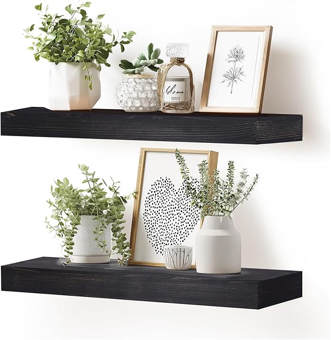 24x6.8x2 Inch Rustic Floating Shelves for Wall Set of 2 - Black Solid Wood Wall Mounted Shelves with Invisible Bracket, Extended Design for Farmhouse Living Room Bedroom Kitchen Decor