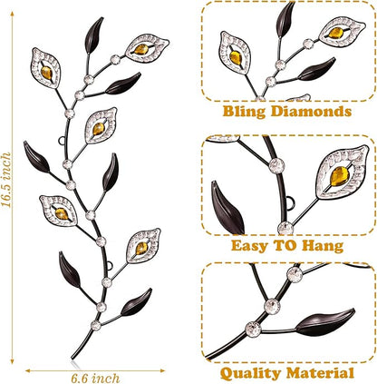 sxnzequnze 2 Pcs Metal Leaf Wall Art Crystal Bling Decorations Silver Leaves 3D Iron Handmade Home Decor Hanging Minimalist Accents Modern Set for Living Room Bathroom Bedroom Dining Room Hallway