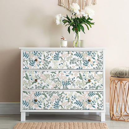 Floral Peel and Stick Wallpaper Boho Blue Floral Contact Paper Vintage Pink Flower Wallpaper Self Adhesive Removable Wall Paper for Bedroom Bathroom Cabinets Waterproof Vinyl Roll 17.3"x78.7"