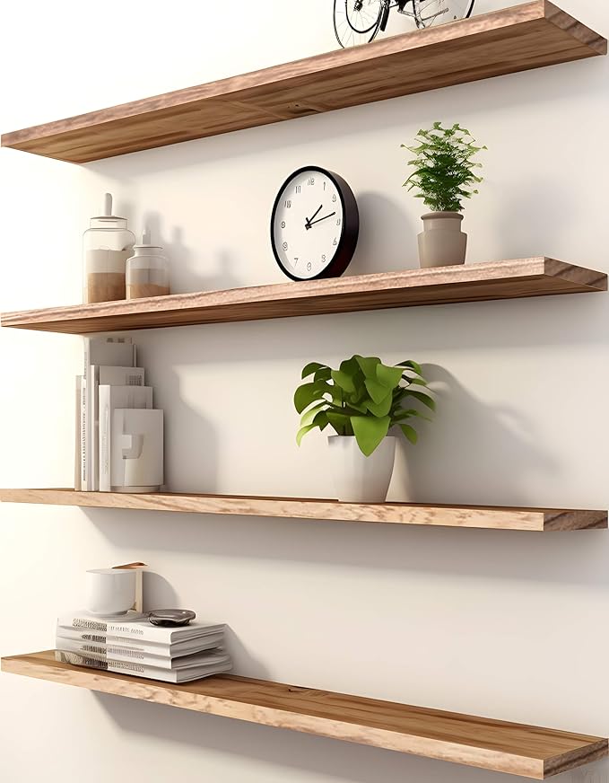 PHPH 48 Inch Wood Floating Shelves for Wall, Wooden Wall Shelves for Bedroom, Set of 4 Light Brown