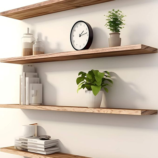PHPH 48 Inch Wood Floating Shelves for Wall, Wooden Wall Shelves for Bedroom, Set of 4 Light Brown