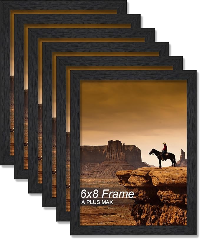 A PLUS MAX 6x8 Picture Frame Set of 6, Black Engineered Wood Frame for 6 x 8 Inch Picture Poster Photo, Light Weight 6 by 8 Frame with Wood-grain for Wall - 6 Pack/Black/6"x8"
