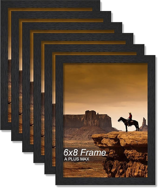 A PLUS MAX 6x8 Picture Frame Set of 6, Black Engineered Wood Frame for 6 x 8 Inch Picture Poster Photo, Light Weight 6 by 8 Frame with Wood-grain for Wall - 6 Pack/Black/6"x8"