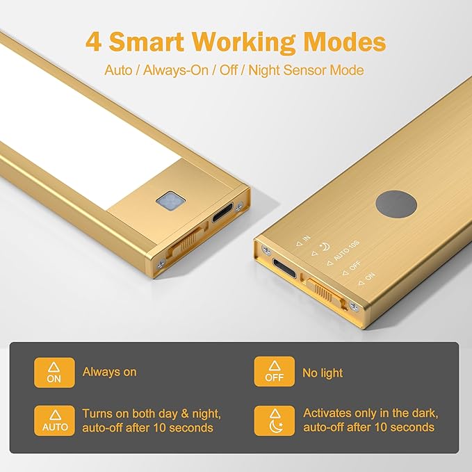V4light Rechargeable Motion Sensor Under Cabinet Light, Magnetic LED Bar with 1500mAh, Gold Aluminum Accent Lighting, Dimmable 3 Color Temperatures for Kitchen Cabinets, Shelves & Closets (9 in)