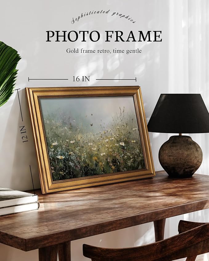 VIYYIEA Gold Framed Art Prints,12x16Inch, Wildflower Floral Vintage Art Painting, Country Spring Landscape Decor for Bedroom Bathroom Dining Room Shelf, Rustic Farmhouse Canvas Picture