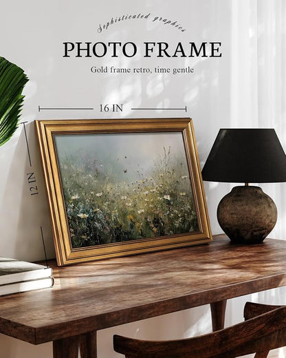 VIYYIEA Gold Framed Art Prints,12x16Inch, Wildflower Floral Vintage Art Painting, Country Spring Landscape Decor for Bedroom Bathroom Dining Room Shelf, Rustic Farmhouse Canvas Picture