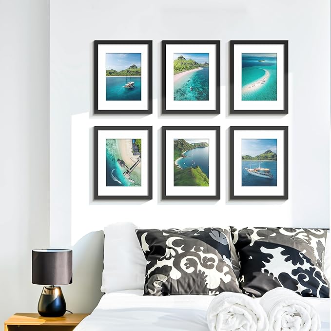 Wiscet 8.5x11 Picture Frame Set of 9, Display Pictures 6x8 with Mat or 8.5x11 Without Mat, Photo Frame for Wall Mounting or Tabletop Display, Black