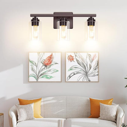 3-Light Bathroom Light Fixtures, 19" Modern Vanity Lights Over Mirror with Clear Glass Shades, Brown Light Fixture, Classic Wall Light Fixture for Mirror Living Room Cabinet Bedroom Porch