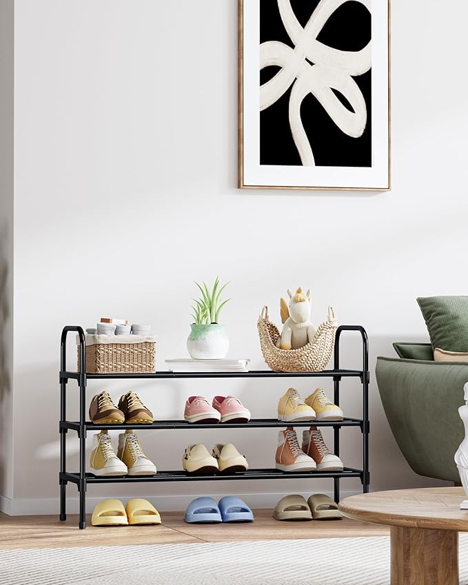 Kitsure Shoe Rack - 3-Tier Space-Saving Shoe Organizer & Shoe Shelf with Handle, Easy Assembly, Sturdy Metal Shoe Rack for Closet, Entryway, Bedroom, 28.0" x 11.8" x 25.6", Black
