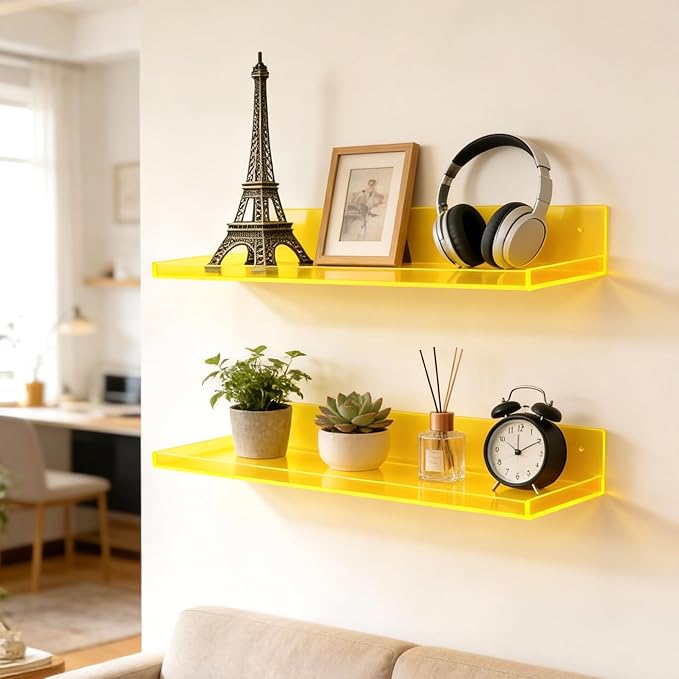Floating Shelves for Wall Acrylic Wall Shelves for Bedroom Bathroom Living Room Kitchen 16.5X5.5'', Pack of 2, Neon Yellow