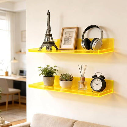 Floating Shelves for Wall Acrylic Wall Shelves for Bedroom Bathroom Living Room Kitchen 16.5X5.5'', Pack of 2, Neon Yellow