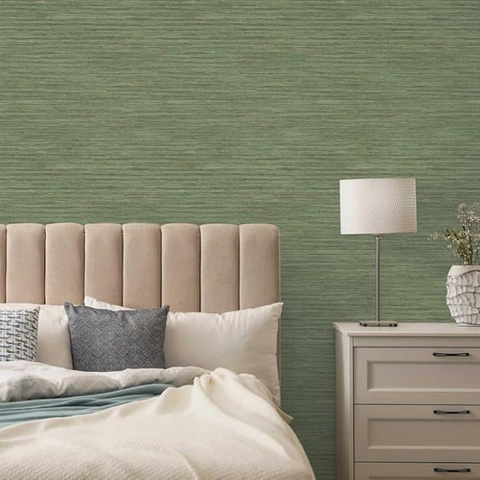 Tempaper Textured Green Horizontal Faux Grasscloth Removable Peel and Stick Wallpaper, 20.5 in X 16.5 ft, Made in The USA