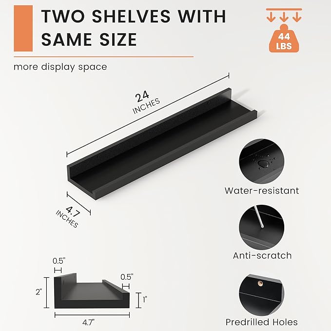 Picture Ledge Shelf, Floating Shelves Set of 2, 24 Inches Nursery Book Shelves for Toys Storage, Kids Bookshelf Wall Mounted for Living Room Bedroom Decor Books Photo Frames, Black