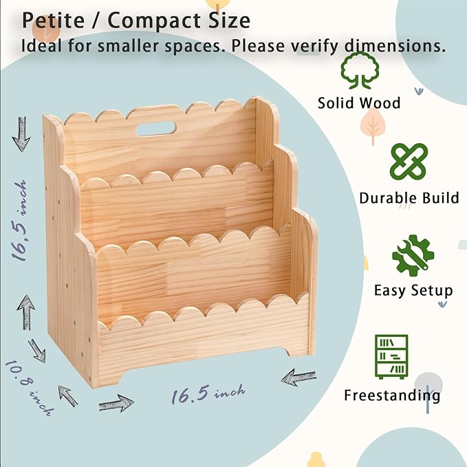 Kids Bookshelf Storage 3-Tier, Book Case for Kids Rooms, Scalloped Wooden Montessori Bookcase for Toddlers & Baby, Small Nursery & Classroom Book Shelves, Solid Wood Organizer